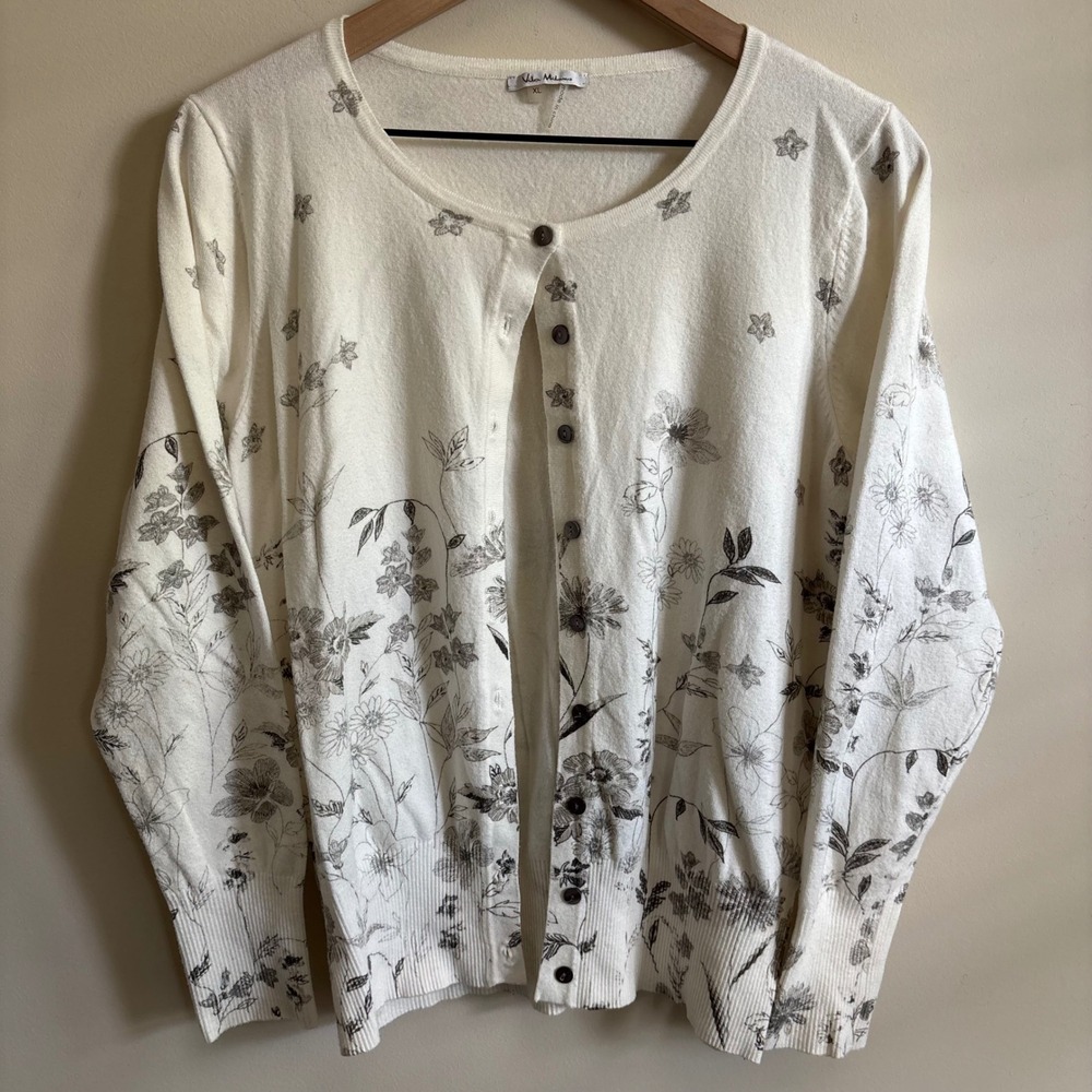 Vila Milano White Floral Sketch Wool Blend Cardigan Sweater XL